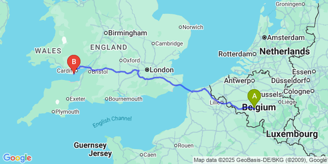 Map: Charleroi Airport Brussels South (CRL) to Barry