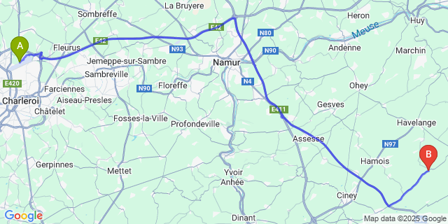 Map: Charleroi Airport Brussels South (CRL) to Barvaux-Condroz