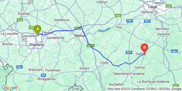 Map: Charleroi Airport Brussels South (CRL) to Barvaux (-Sur-Ourthe)