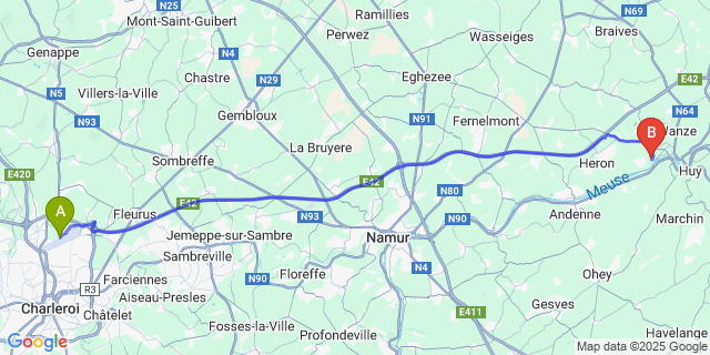 Map: Charleroi Airport Brussels South (CRL) to Bas-Oha