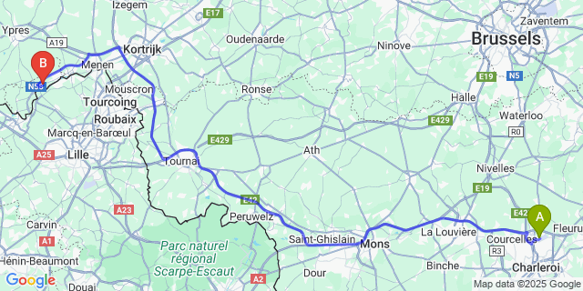 Map: Charleroi Airport Brussels South (CRL) to Bas-Warneton