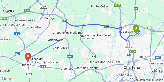 Map: Charleroi Airport Brussels South (CRL) to Battignies