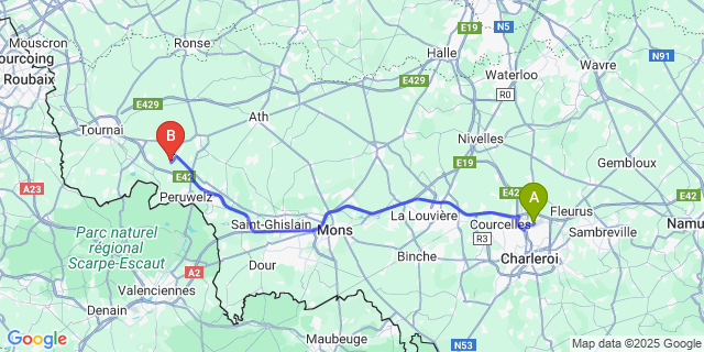 Map: Charleroi Airport Brussels South (CRL) to Baugnies