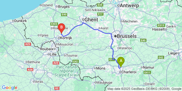Map: Charleroi Airport Brussels South (CRL) to Bavikhove