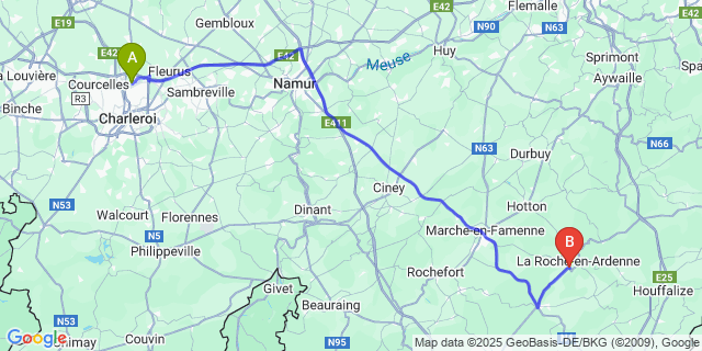 Map: Charleroi Airport Brussels South (CRL) to Beausaint