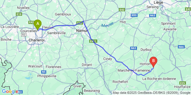 Map: Charleroi Airport Brussels South (CRL) to Beffe