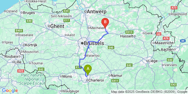 Map: Charleroi Airport Brussels South (CRL) to Begijnendijk