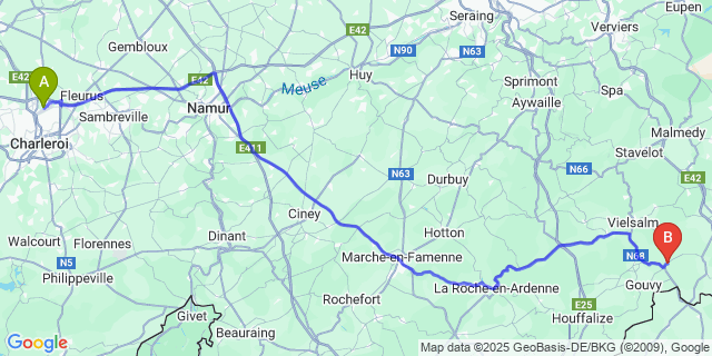Map: Charleroi Airport Brussels South (CRL) to Beho