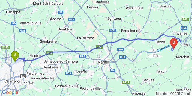 Map: Charleroi Airport Brussels South (CRL) to Ben-Ahin