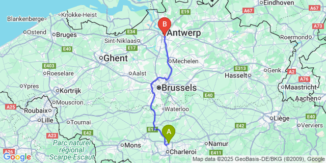 Map: Charleroi Airport Brussels South (CRL) to Berchem (Antwerpen)