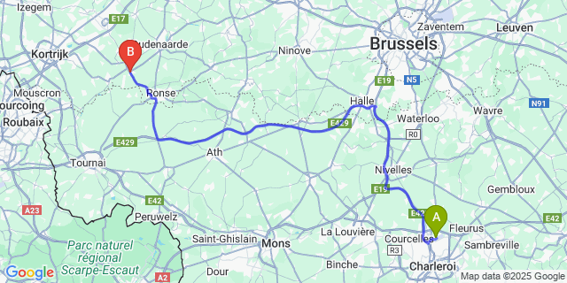 Map: Charleroi Airport Brussels South (CRL) to Berchem (Oost-Vlaanderen)