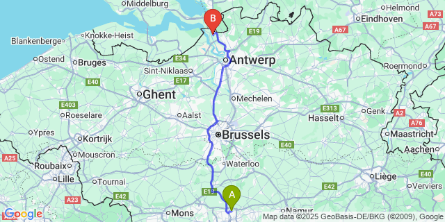 Map: Charleroi Airport Brussels South (CRL) to Berendrecht