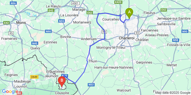 Map: Charleroi Airport Brussels South (CRL) to Bersillies-L’Abbaye