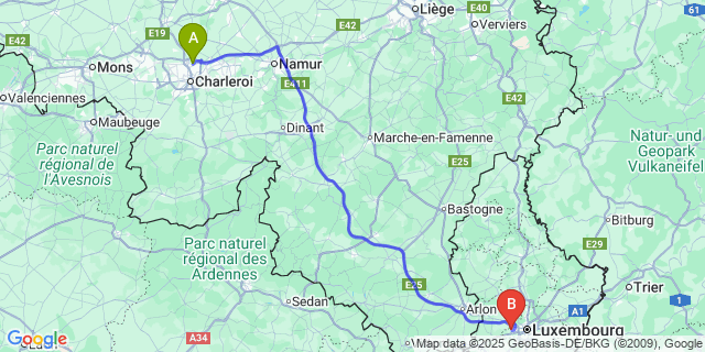 Map: Charleroi Airport Brussels South (CRL) to Bertrange