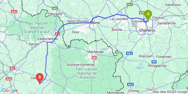 Map: Charleroi Airport Brussels South (CRL) to Bertry