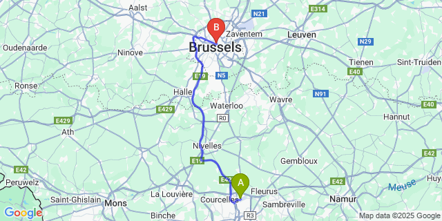 Map: Charleroi Airport Brussels South (CRL) to Best Western City Centre, Brussels