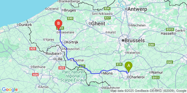 Map: Charleroi Airport Brussels South (CRL) to Beveren-Bij-Roeselare