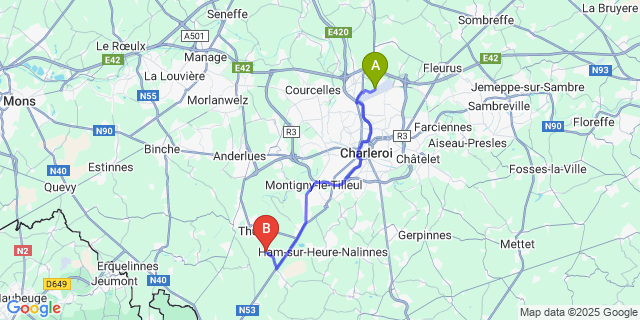 Map: Charleroi Airport Brussels South (CRL) to Biesme-Sous-Thuin