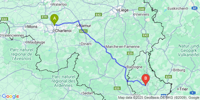 Map: Charleroi Airport Brussels South (CRL) to Bissen