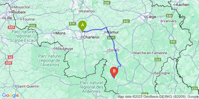 Map: Charleroi Airport Brussels South (CRL) to Bièvre