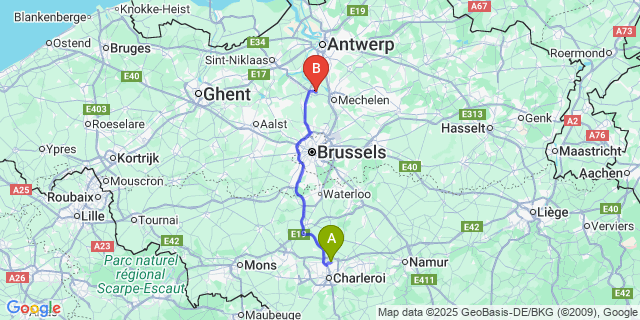 Map: Charleroi Airport Brussels South (CRL) to Blaasveld