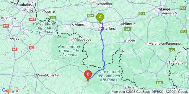 Map: Charleroi Airport Brussels South (CRL) to Blanchefosse-et-Bay