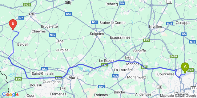 Map: Charleroi Airport Brussels South (CRL) to Blicquy