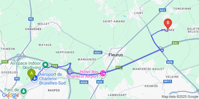 Map: Charleroi Airport Brussels South (CRL) to Boignée