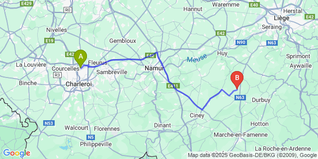 Map: Charleroi Airport Brussels South (CRL) to Bois-Et-Borsu