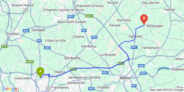 Map: Charleroi Airport Brussels South (CRL) to Boneffe