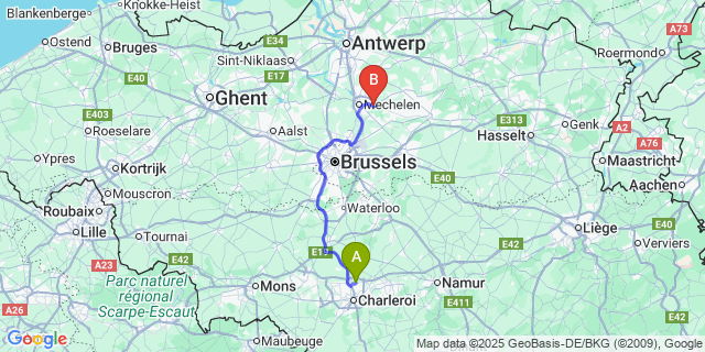 Map: Charleroi Airport Brussels South (CRL) to Bonheiden