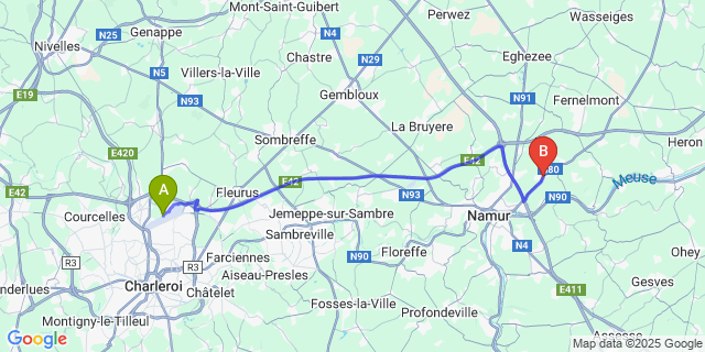 Map: Charleroi Airport Brussels South (CRL) to Boninne
