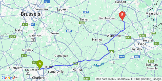 Map: Charleroi Airport Brussels South (CRL) to Borgloon