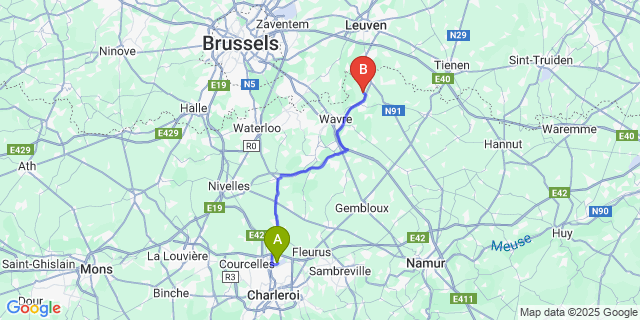 Map: Charleroi Airport Brussels South (CRL) to Bossut-Gottechain