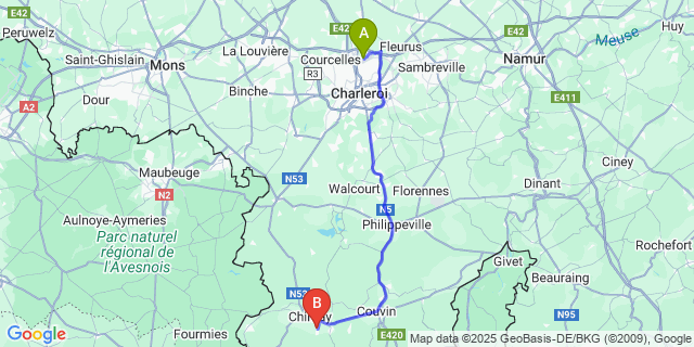 Map: Charleroi Airport Brussels South (CRL) to Bourlers