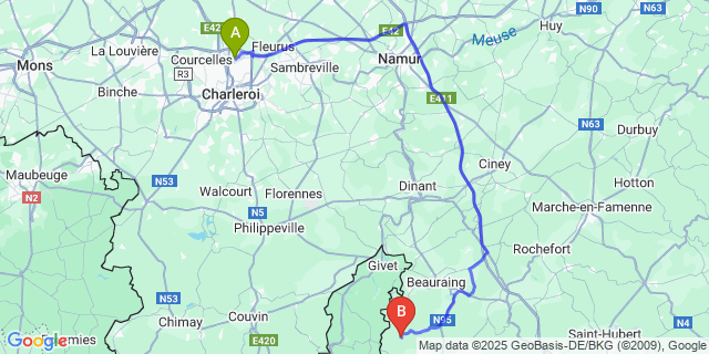 Map: Charleroi Airport Brussels South (CRL) to Bourseigne-Vieille