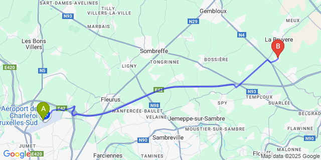 Map: Charleroi Airport Brussels South (CRL) to Bovesse