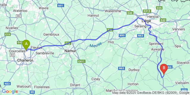 Map: Charleroi Airport Brussels South (CRL) to Bra