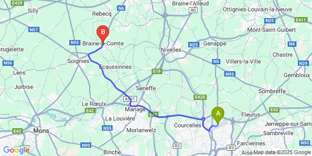 Map: Charleroi Airport Brussels South (CRL) to Braine-le-Comte
