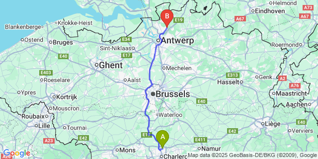 Map: Charleroi Airport Brussels South (CRL) to Brasschaat