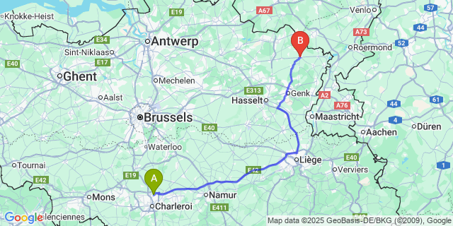 Map: Charleroi Airport Brussels South (CRL) to Bree