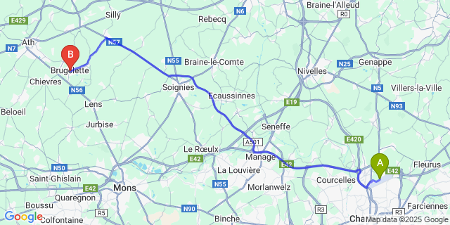 Map: Charleroi Airport Brussels South (CRL) to Brugelette
