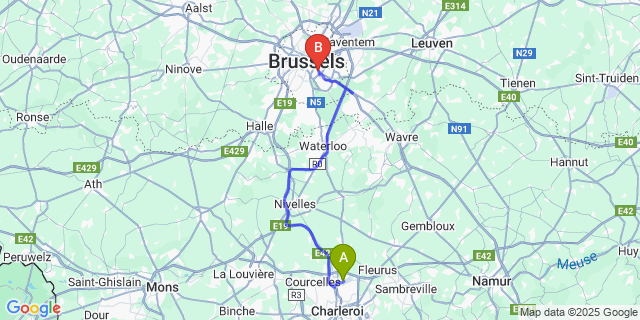 Map: Charleroi Airport Brussels South (CRL) to Brussel (Etterbeek)