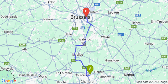 Map: Charleroi Airport Brussels South (CRL) to Brussel (Sint-Lambrechts-Woluwe)
