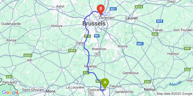 Map: Charleroi Airport Brussels South (CRL) to Bruxelles (Haeren)