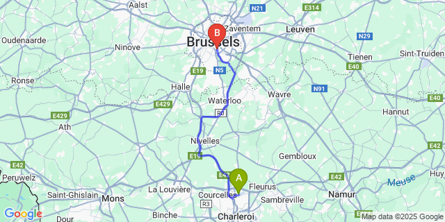 Map: Charleroi Airport Brussels South (CRL) to Bruxelles (Ixelles)