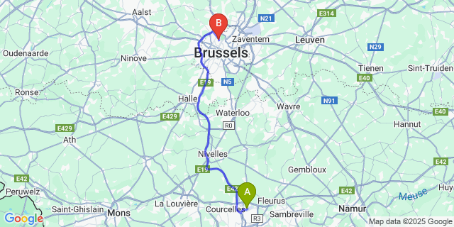 Map: Charleroi Airport Brussels South (CRL) to Bruxelles (Laeken)