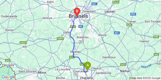 Map: Charleroi Airport Brussels South (CRL) to Brxxl 5, Brussels