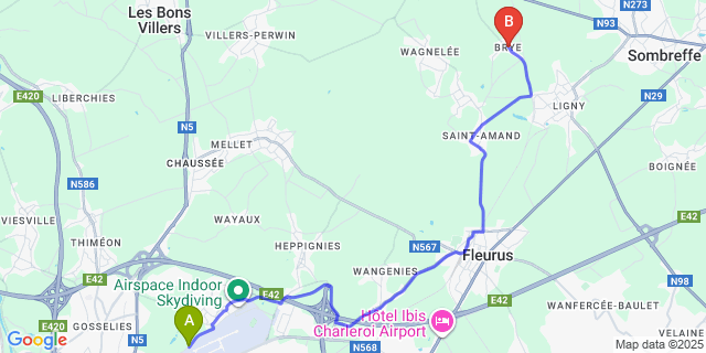 Map: Charleroi Airport Brussels South (CRL) to Brye