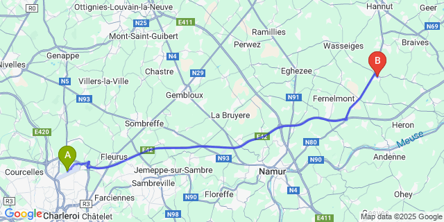 Map: Charleroi Airport Brussels South (CRL) to Burdinne